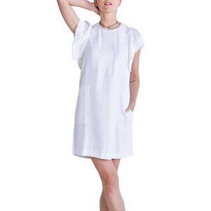 Ruti Embroidered Crete Short Dress Women Size M/L White Linen Blend